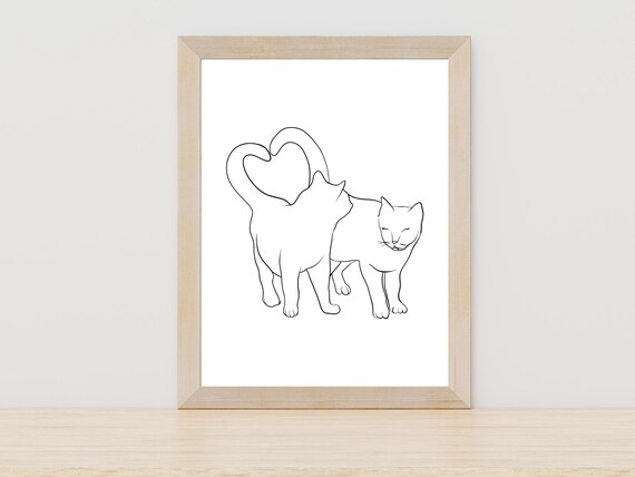 Two Cats Heart Tails Line Art Love Cats Drawing Cute Wall Poster