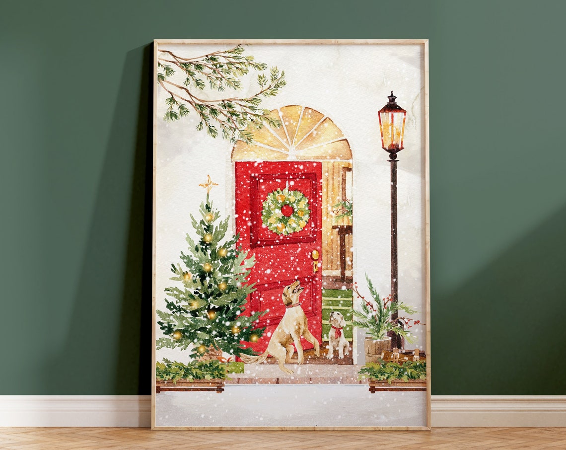 Two Dogs Waiting At Red Door Wreath Snowy Christmas Wall Art