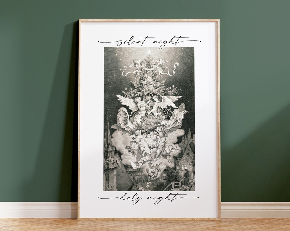 Silent Night Holy Night Vintage Angel Christmas Tree Wall Art