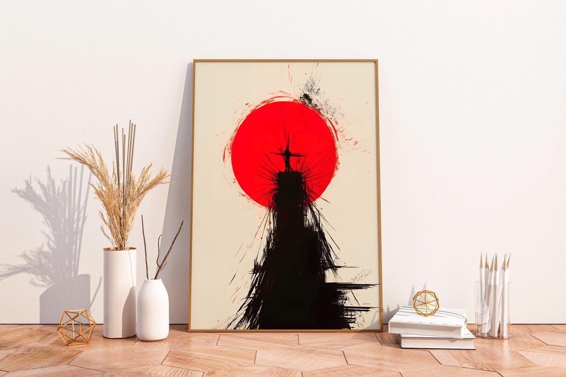 Bold Red Sun Ink Silhouette Figure on Peak Surreal Japandi Poster