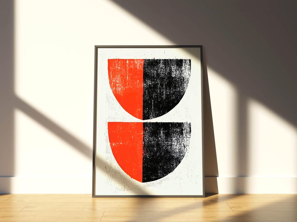 Minimalist Abstract Red Black Semicircles Screenprint Poster