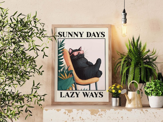 Sunny Days Lazy Ways Black Cat Sunglasses Retro Tropical Poster