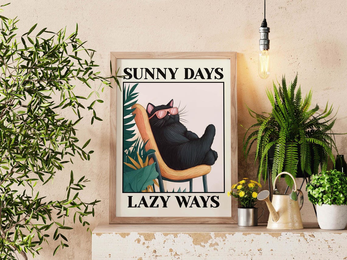 Sunny Days Lazy Ways Black Cat Sunglasses Retro Tropical Poster