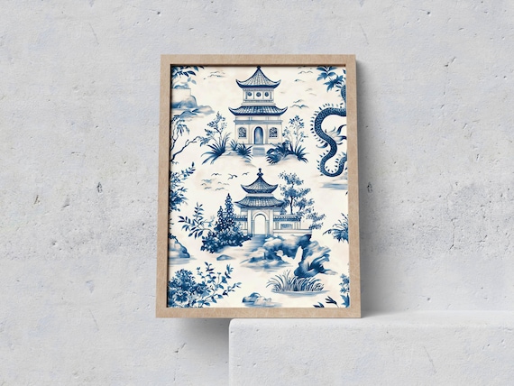 Chinoiserie Wall Art Print Blue Pagoda And Dragon Poster Elegant Asian Landscape For Classic Home Decor