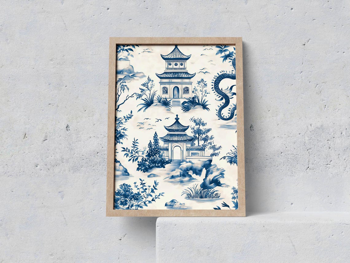 Blue Pagoda Dragon Chinoiserie Toile Oriental Scenery Poster