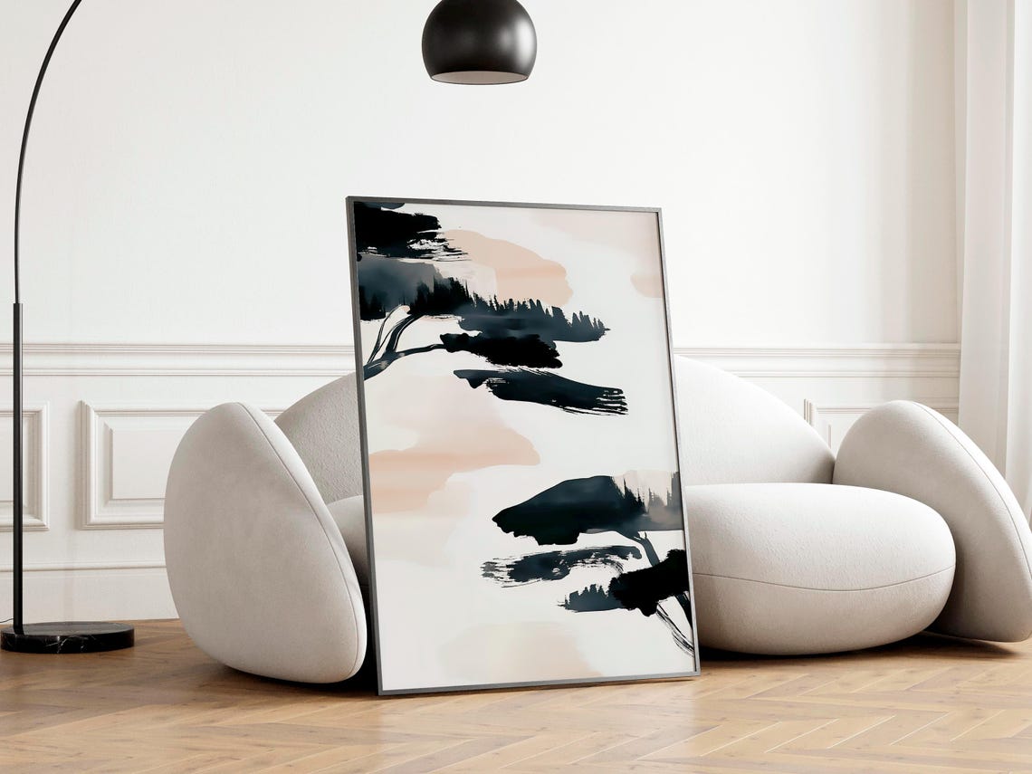 Abstract Ink Tree Black Brushstroke Blush Pink Wash Japandi Poster