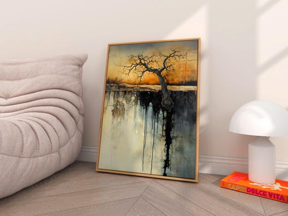 Dark Twisted Tree Silhouette Ink Drip Water Reflection Art Poster