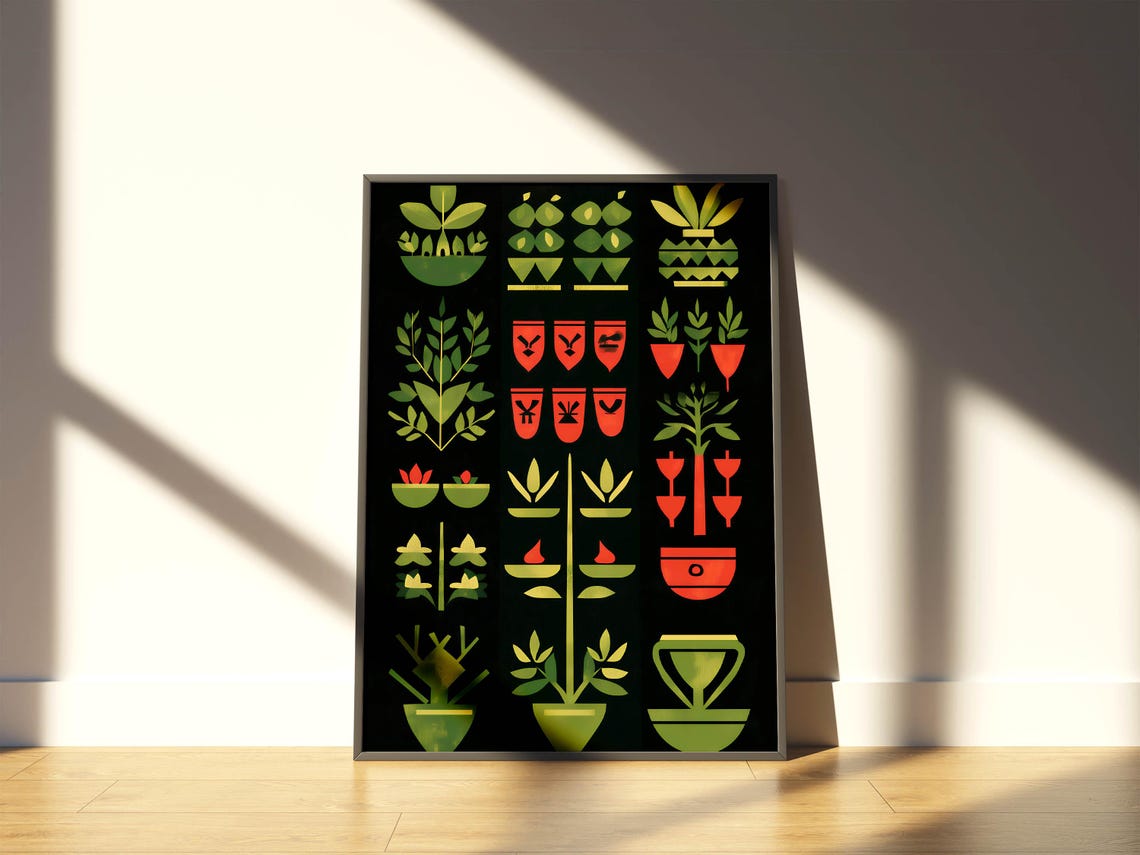 Scandinavian Folk Botanical Bold Grid Potted Plants Black Poster