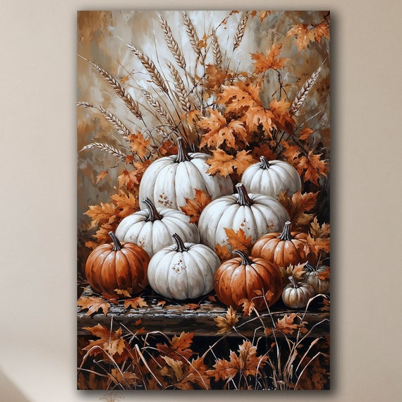 Autumn Harvest Canvas Wall Art Halloween Decor White And Orange Pumpkins Painting Print Cozy Rustic Charm Poster Ready To Hang
