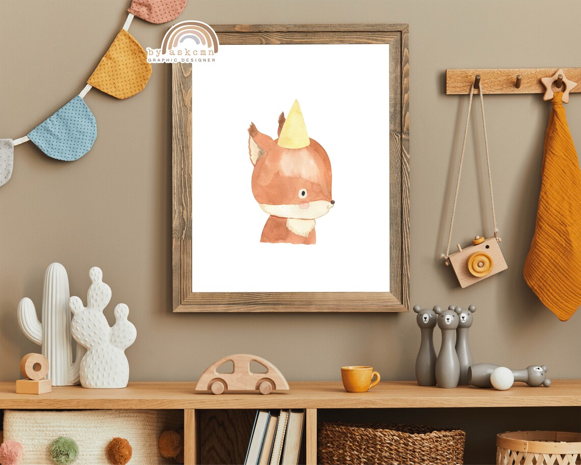 Cute Watercolor Baby Fox Poster with Yellow Party Hat Nursery Art - Image 4