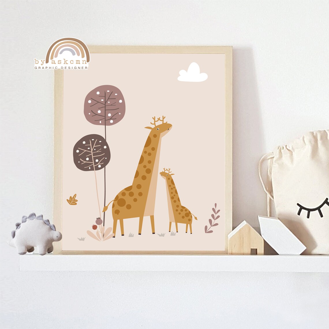 Sweet Cute Giraffe Mama and Baby Safari Nursery Kids Room Poster - Image 3