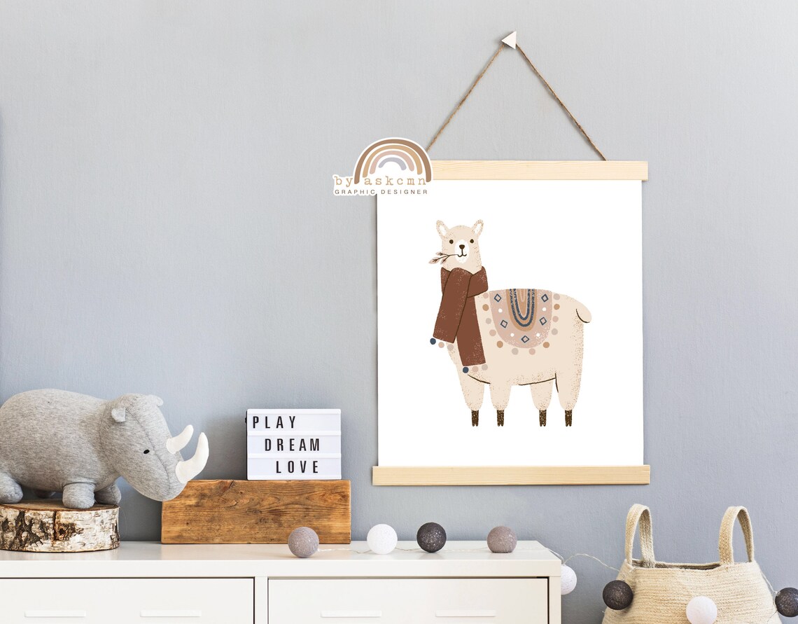 Cute Llama Scarf Saddle Blanket Safari Neutral Nursery Animal Wall Decor Poster - Image 2