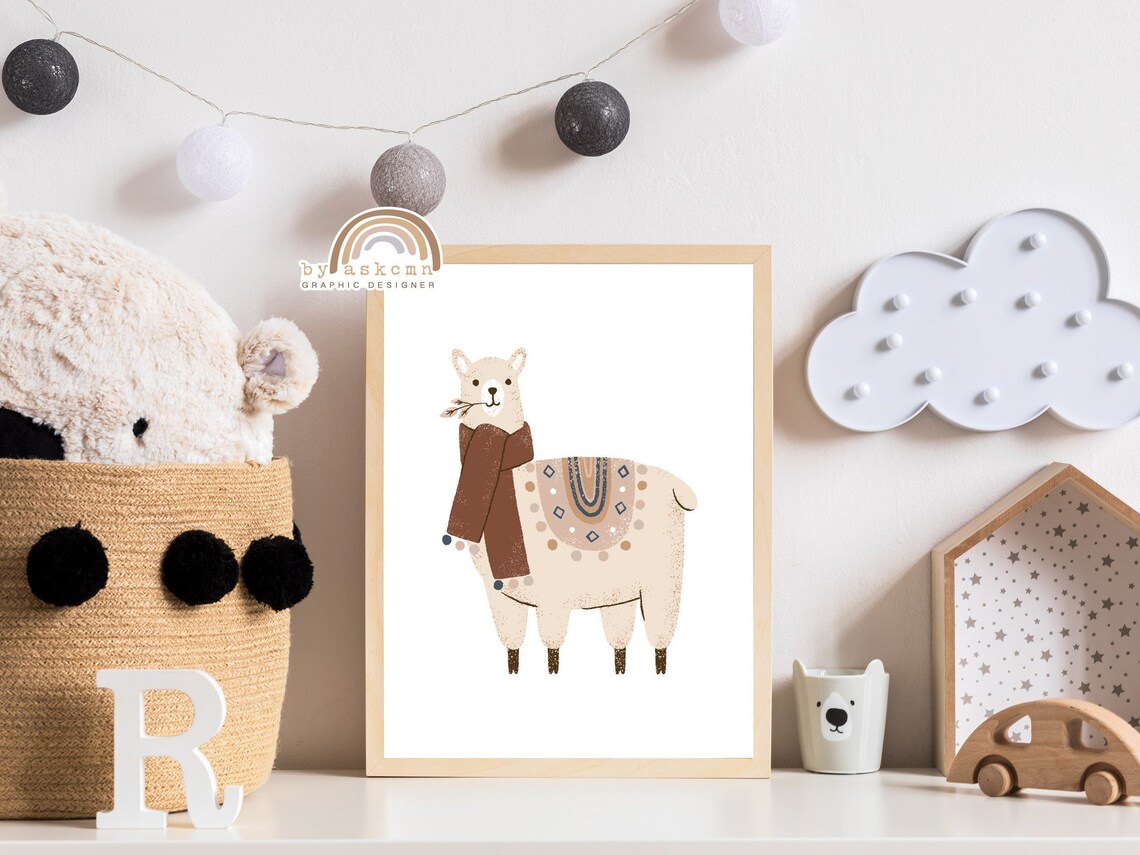 Cute Llama Scarf Saddle Blanket Safari Neutral Nursery Animal Wall Decor Poster - Image 6