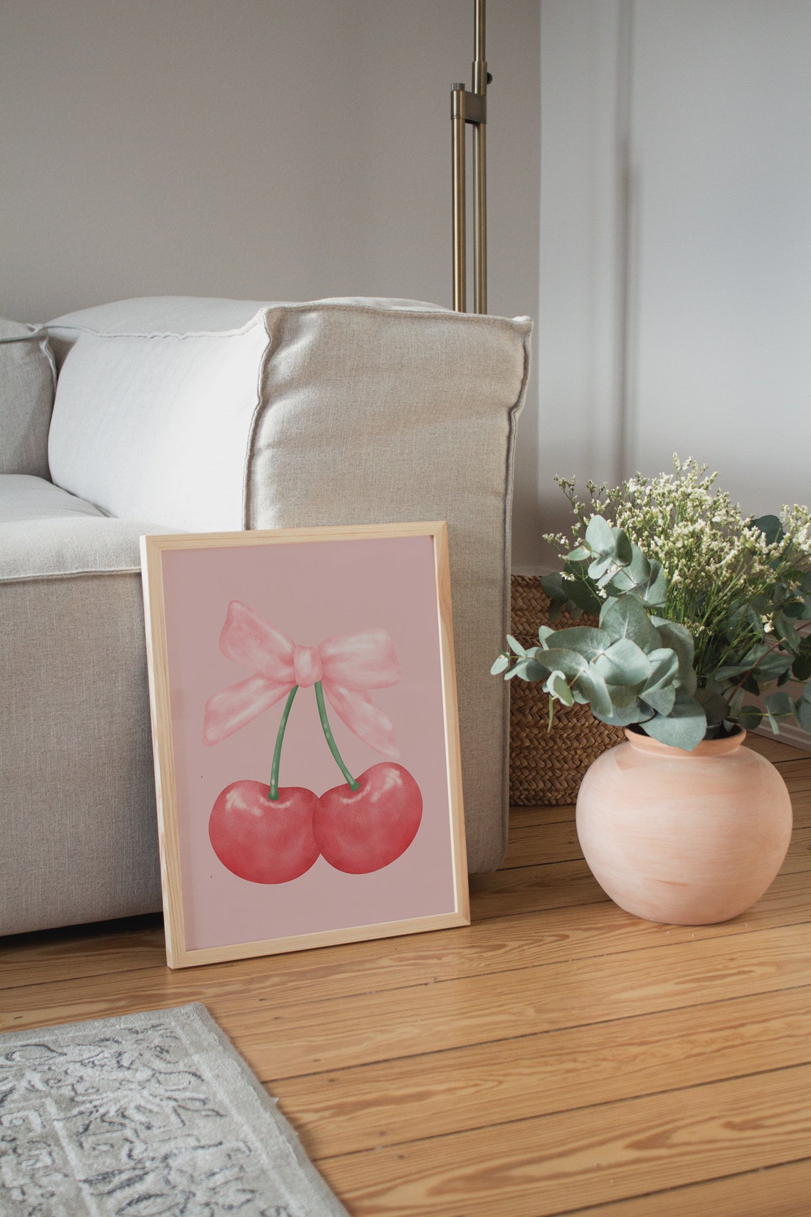 Red Cherry Pink Bow Watercolor Art Print Coquette Wall Art Poster - Image 2