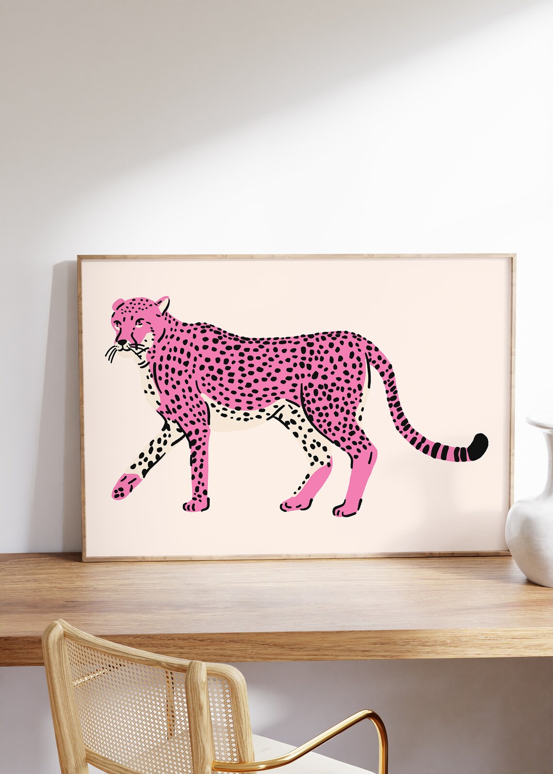 Pink Cheetah Walking Leopard Illustration Minimal Boho Jungle Art Poster - Image 3