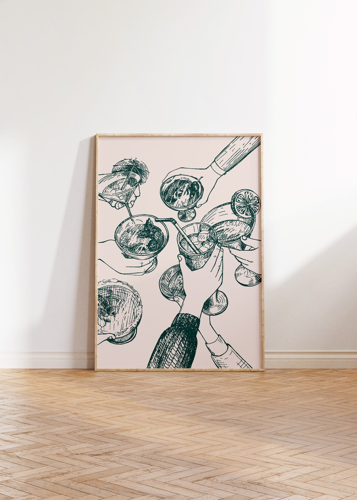 Emerald Green Cheers Cocktail Hands Toast Line Art Retro Bar Cart Poster - Image 3