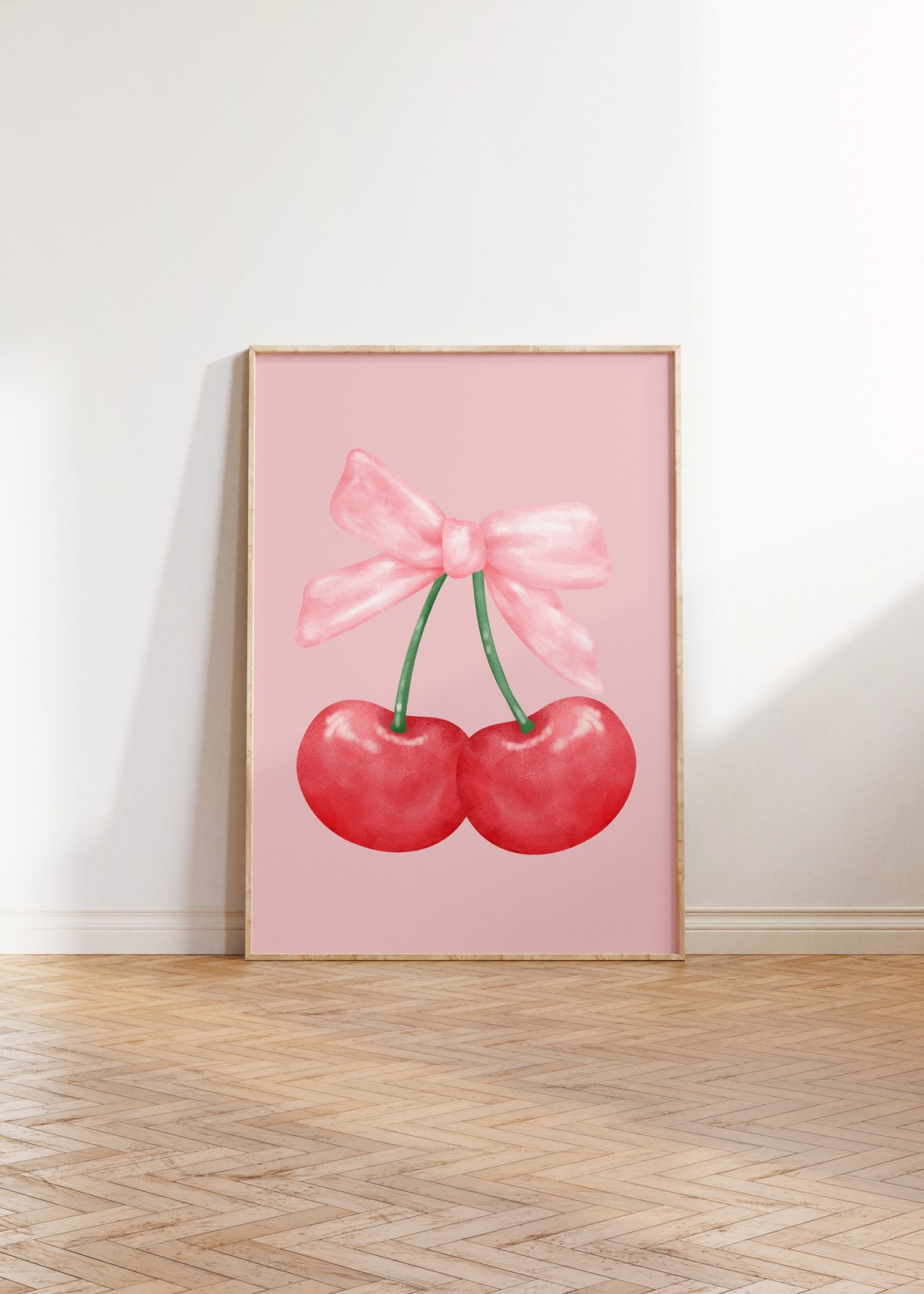 Red Cherry Pink Bow Watercolor Art Print Coquette Wall Art Poster - Image 3