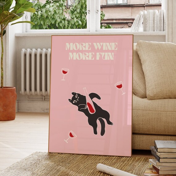 Black Cat Wall Art Print Cin Wine Alcohol Kitchen Decor Poster Bar Cart Pink Funny