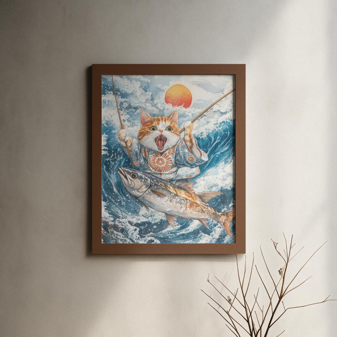 Orange Cat In Kimono Riding Giant Fish In Ocean Waves Poster - Image 6