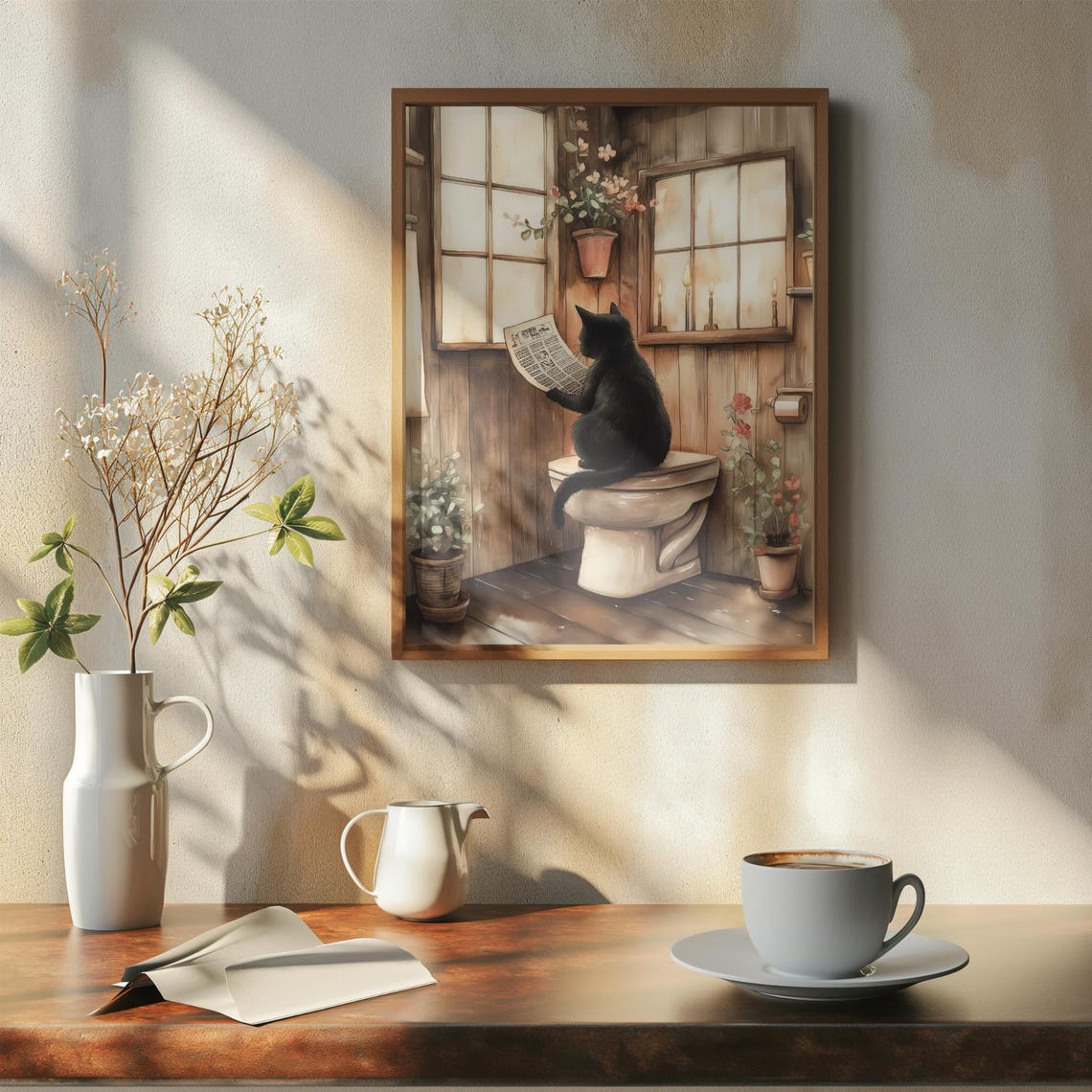 Black Cat Reading Newspaper On Toilet In Rustic Cabin Poster - Image 7