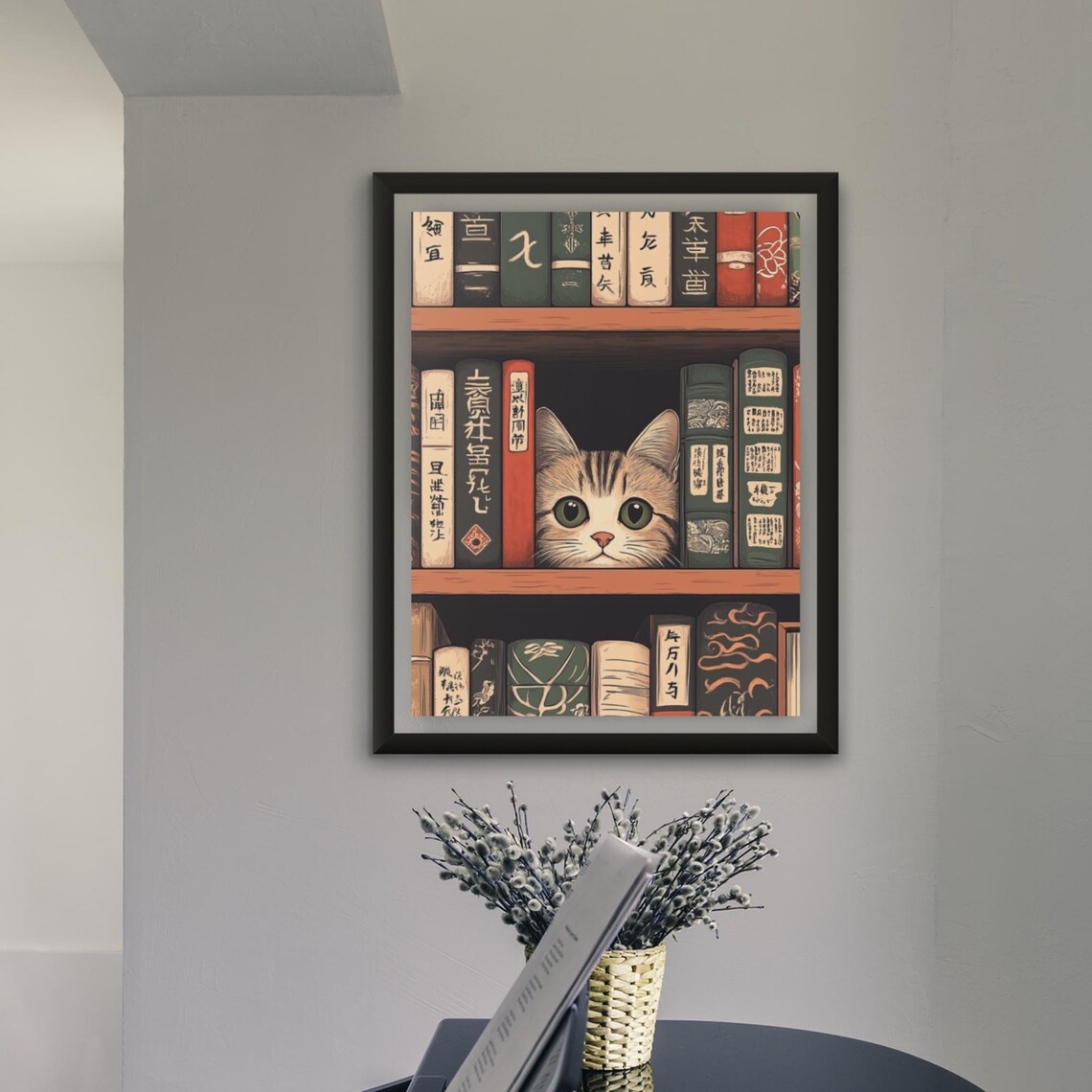 Cute Kitten Peeking From Japanese Bookshelf Vintage Art Poster - Image 4