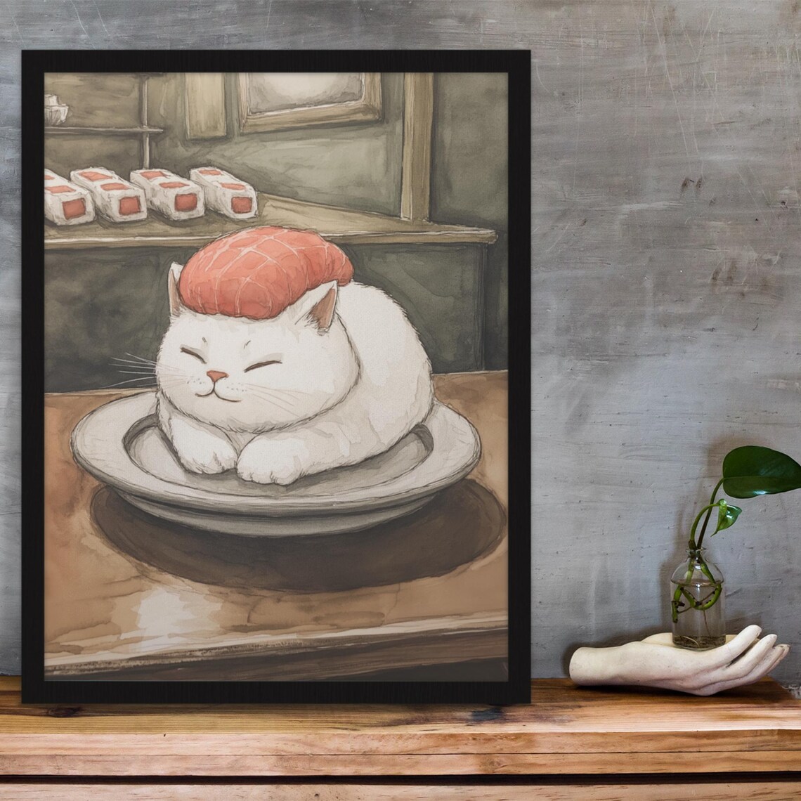 White Cat Curled Up Like Salmon Nigiri Sushi Watercolor Poster - Image 3