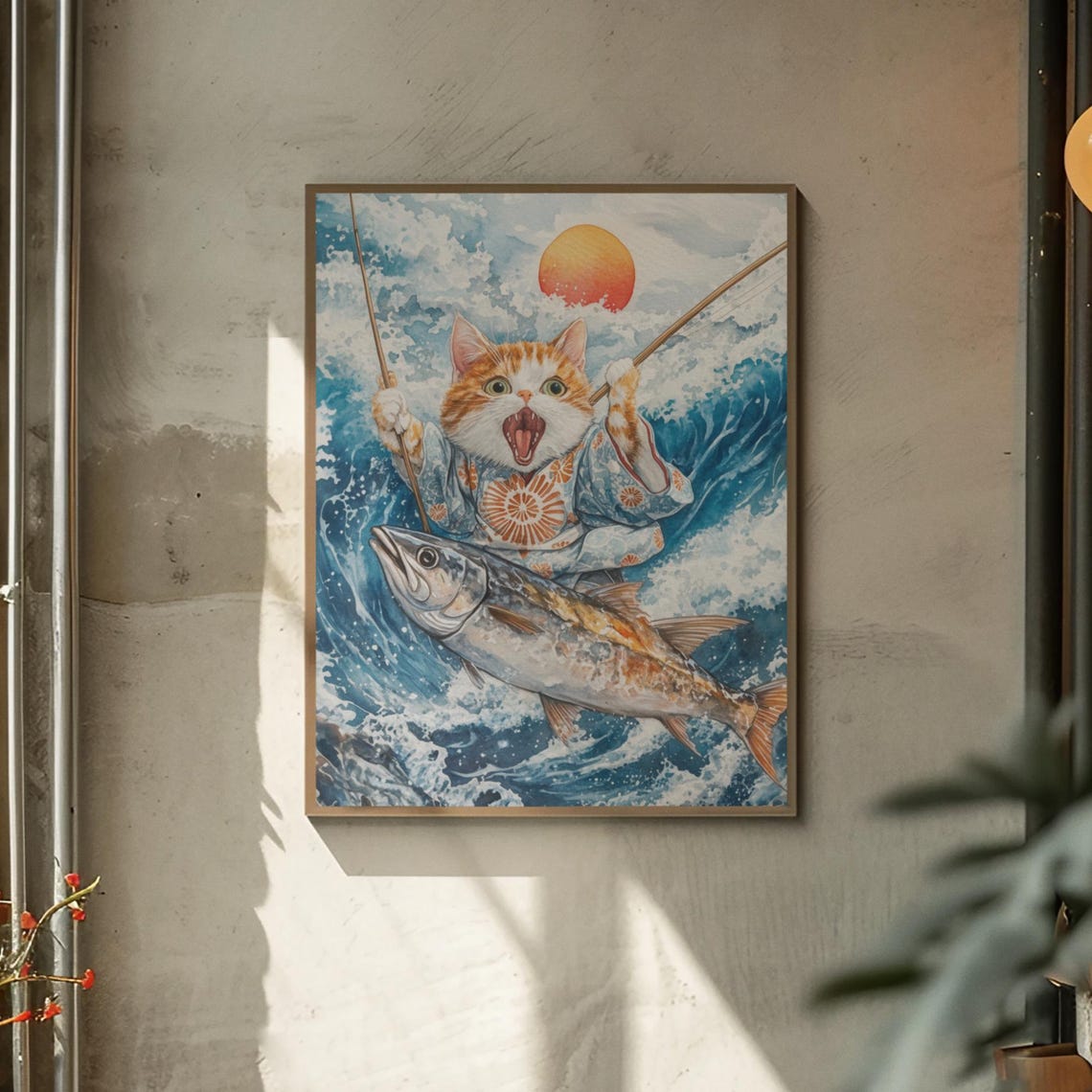 Orange Cat In Kimono Riding Giant Fish In Ocean Waves Poster - Image 2