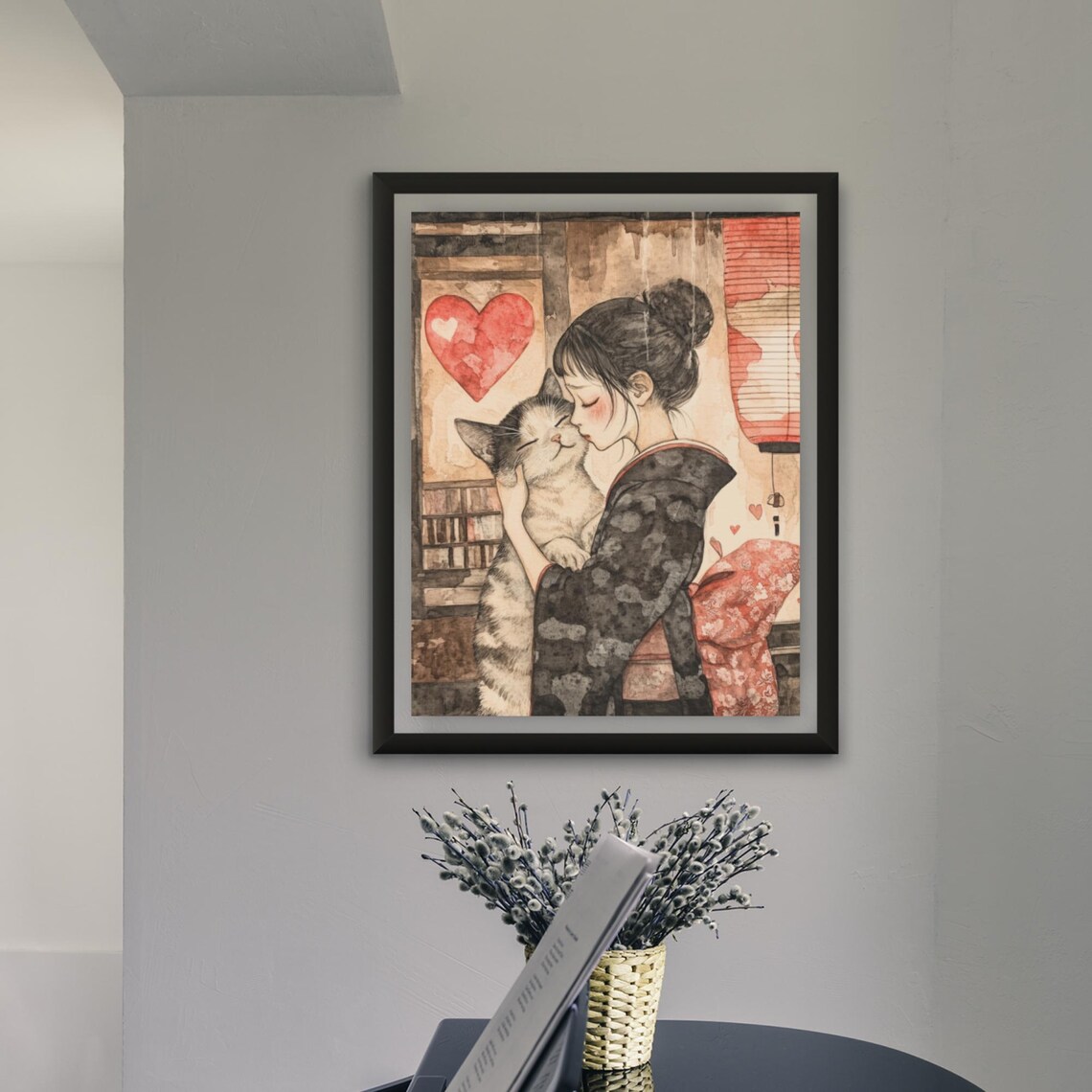 Woman In Kimono Tenderly Kissing A Tabby Cat Red Hearts Poster - Image 4