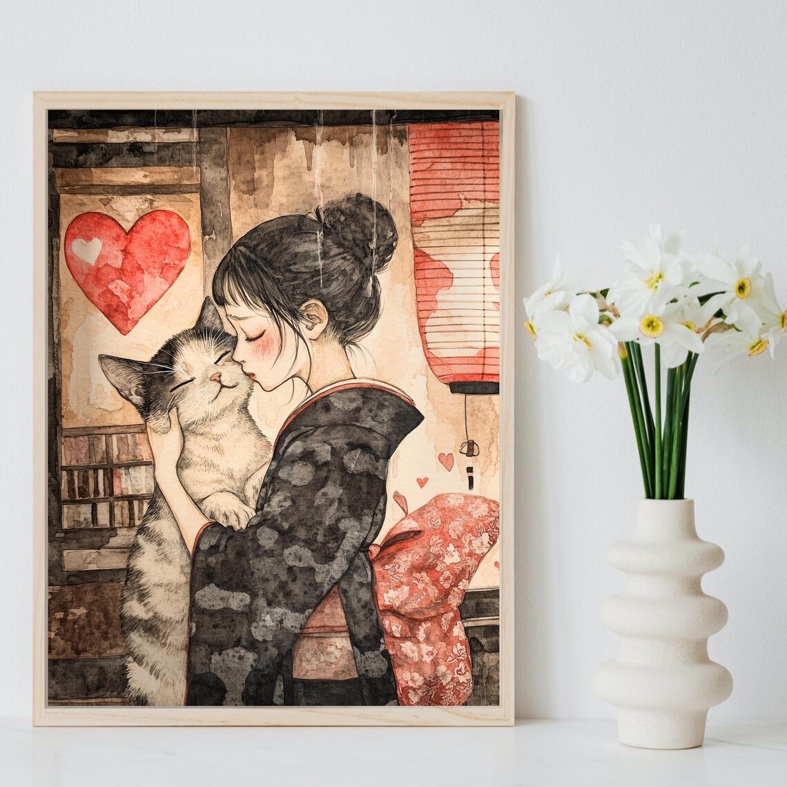 Woman In Kimono Tenderly Kissing A Tabby Cat Red Hearts Poster - Image 8