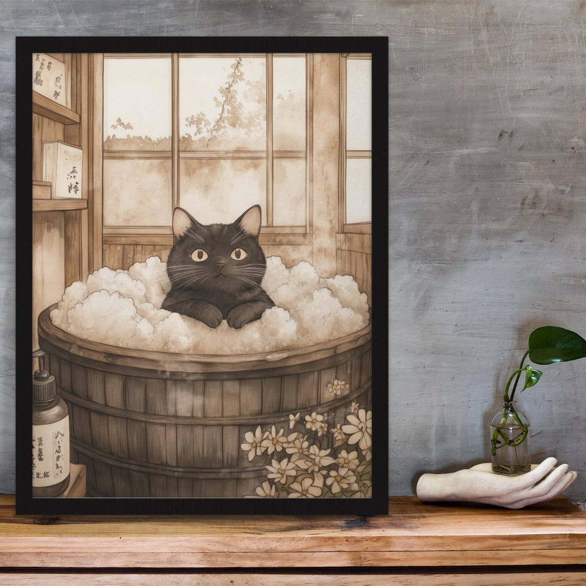 Black Cat Relaxing In Wooden Tub Bubbles Vintage Bath Poster - Image 3