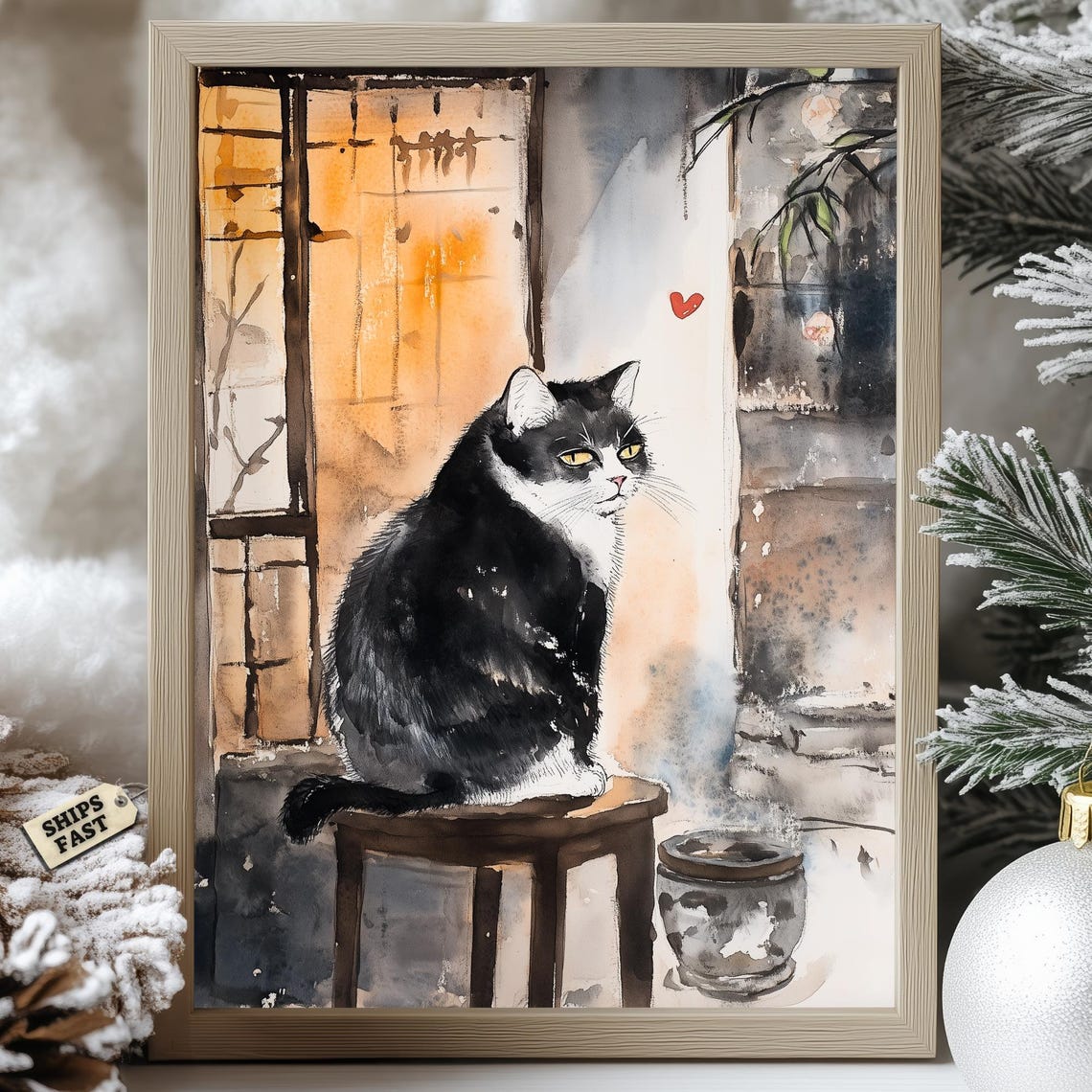 Tuxedo Cat On Stool By Glowing Shoji Window Red Heart Poster