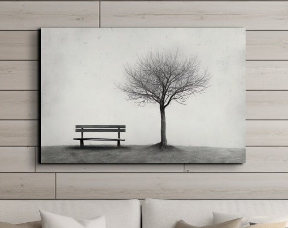 One Tree Park With Empty Bench, Gloomy Landscape