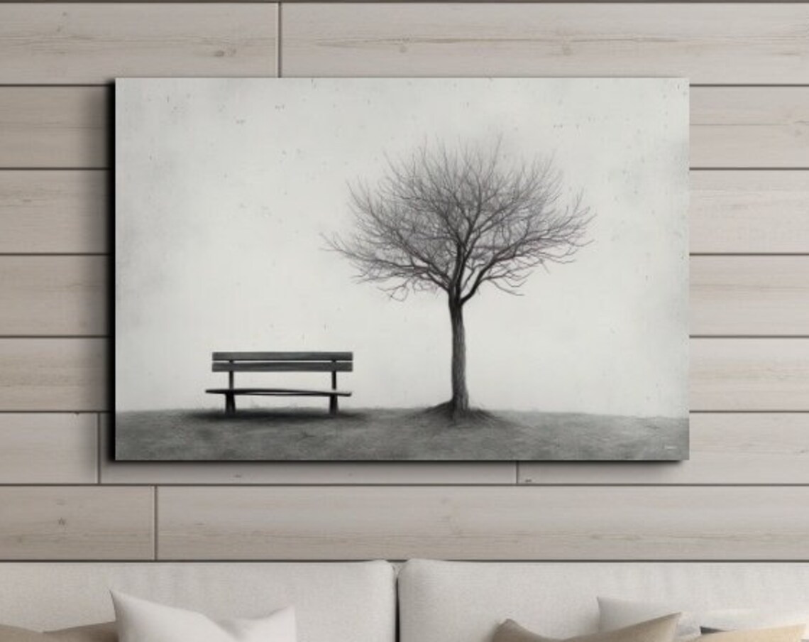 One Tree Park With Empty Bench, Gloomy Landscape