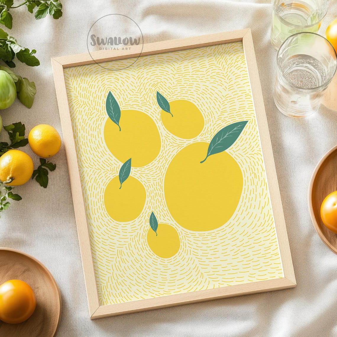 Minimal Yellow Lemon Fruit Pattern Bright Citrus Kitchen Art Poster