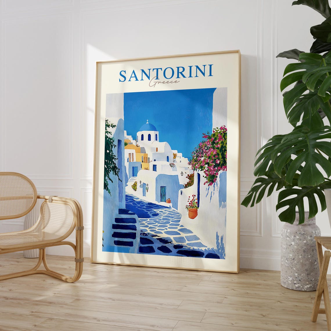 Santorini Greece Vintage Blue Dome White Houses Travel Poster - Image 2