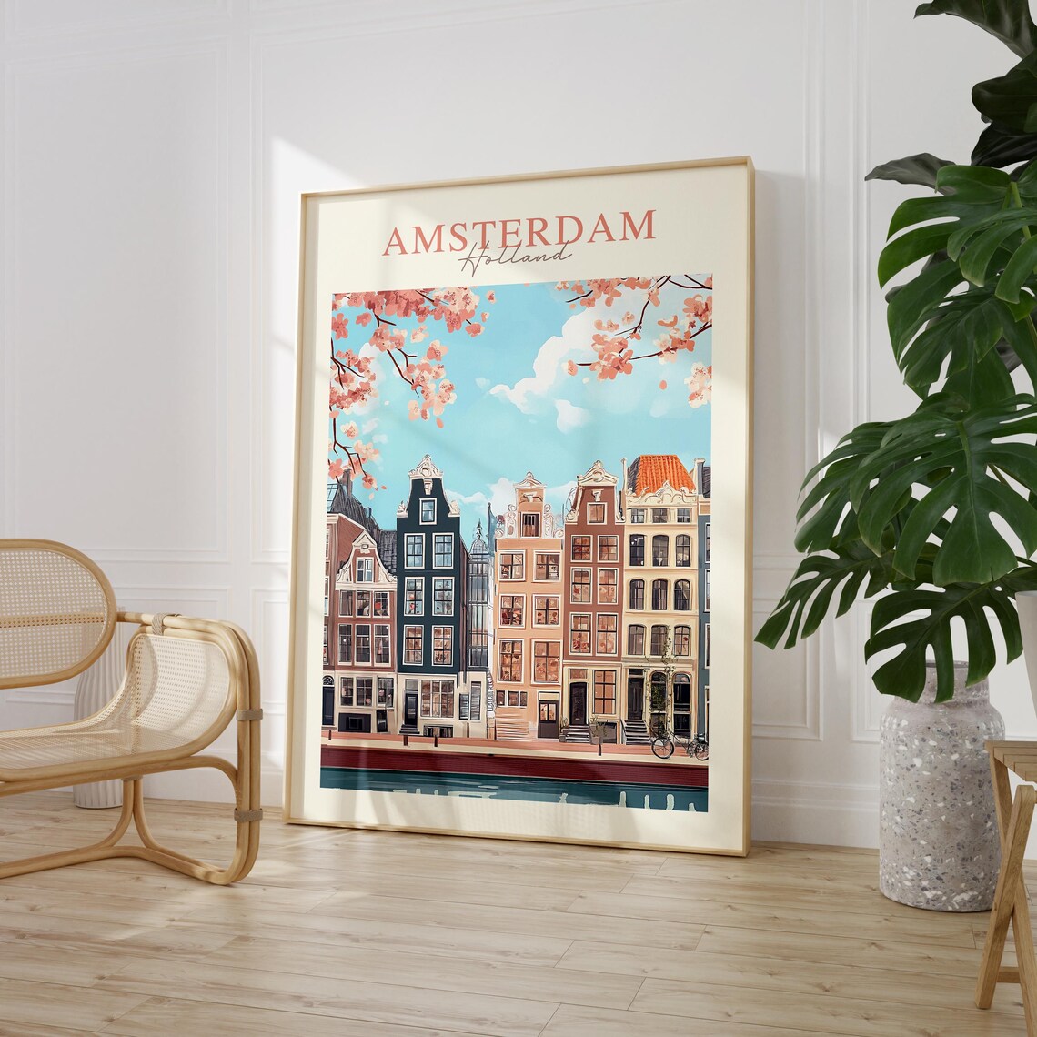 Vintage Amsterdam Holland Canal Houses Cherry Blossom Travel Poster - Image 2