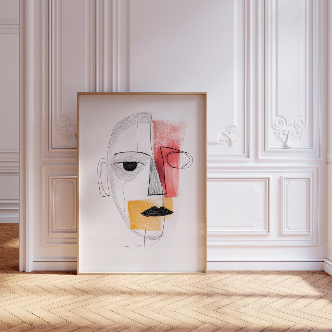 Abstract Cubist Face Line Sketch Red Ochre Minimalist Art Poster - Image 2