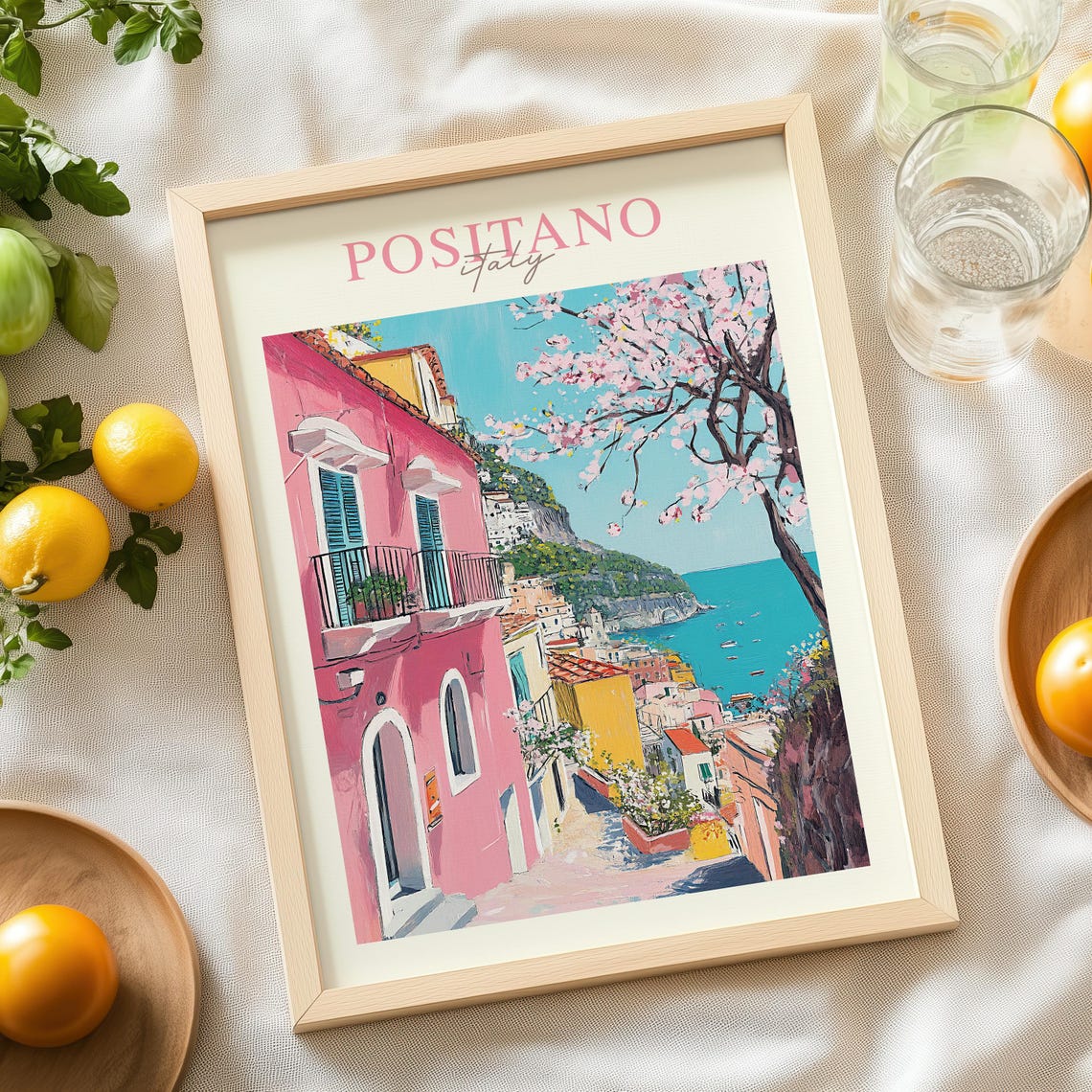 Positano Italy Pink Houses Cherry Blossom Coast Travel Poster - Image 4
