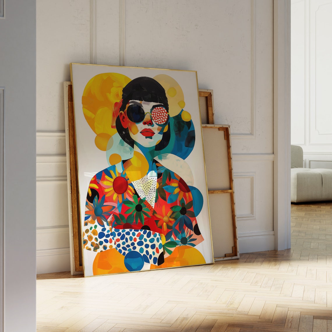 Colorful Abstract Woman Sunglasses Floral Pop Art Portrait Poster - Image 2