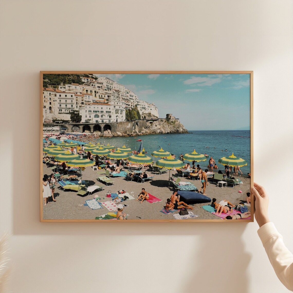 Positano Arienzo Beach Colorful Umbrellas Cliffside Town View Poster - Image 3