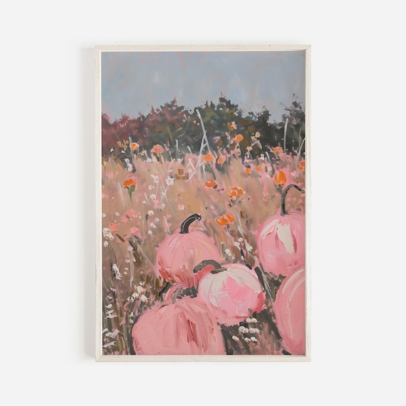 Pink Pumpkins In Fall Field Wildflowers Pastel Painting Art Poster