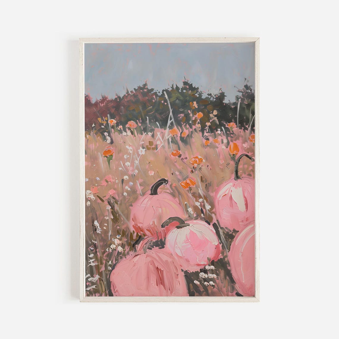 Pink Pumpkins In Fall Field Wildflowers Pastel Painting Art Poster