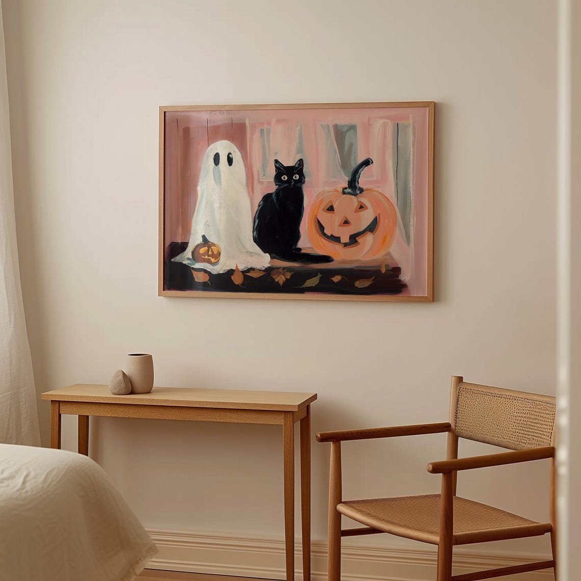 Cute Ghost Black Cat Jack O Lantern Pink Halloween Painting Art Poster - Image 2
