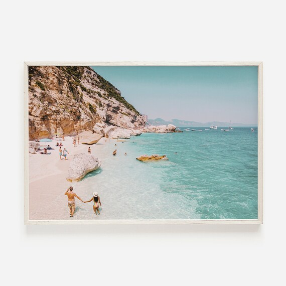 Mediterranean Turquoise Cove Beach Cliffs Couple Sandy Shore Travel Poster