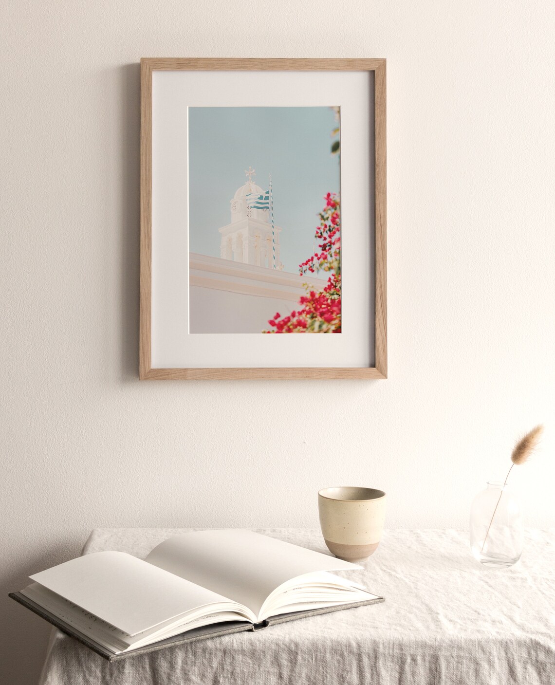 Greece White Church Bell Tower Greek Flag Bougainvillea Flowers Travel Poster - Image 4