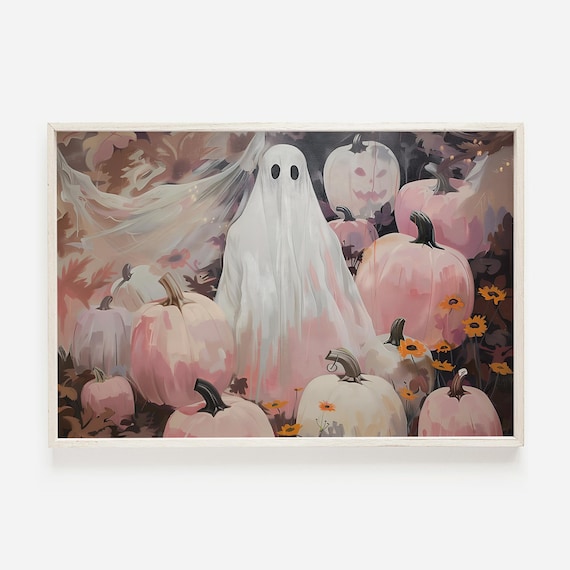 Cute Sheet Ghost In Pink Pumpkin Patch Halloween Painting Art Poster