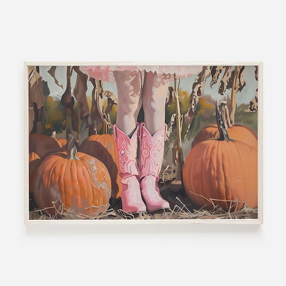 Pink Cowboy Boots in Orange Pumpkin Patch Painting Western Fall Art Print