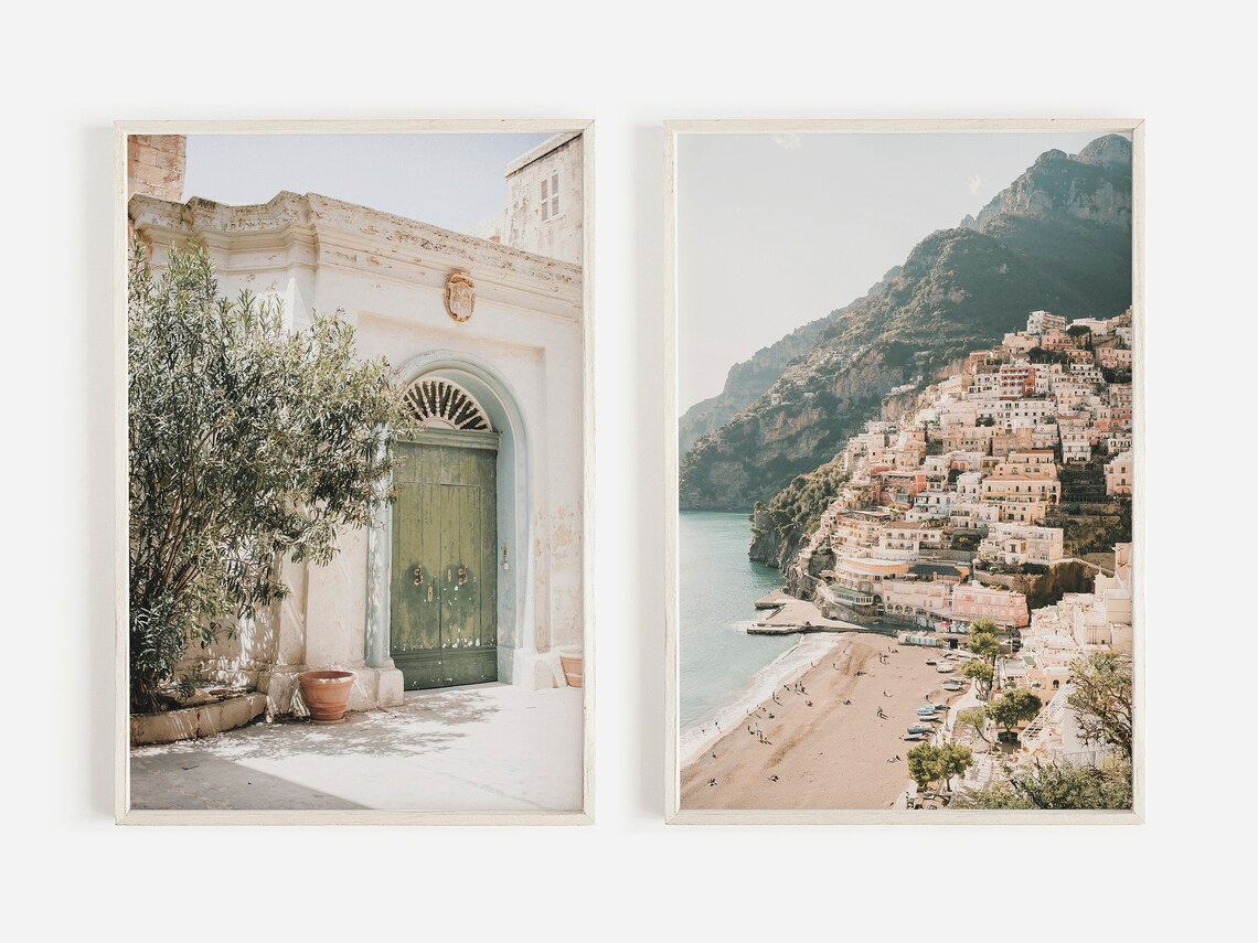 Italy Print Set Green Doorway Positano Coast Two Piece Travel Poster