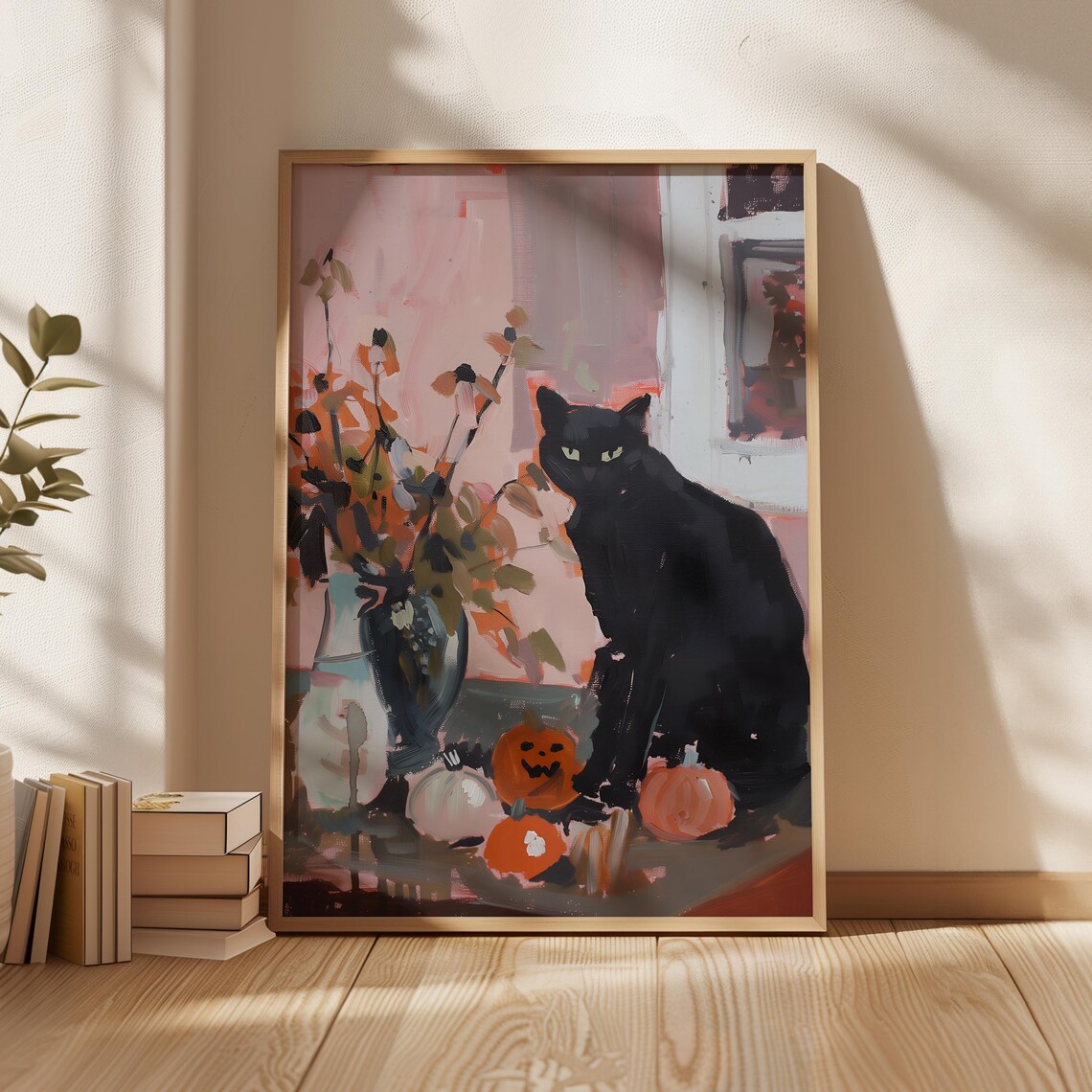 Vintage Black Cat Halloween Painting Pumpkins Fall Flowers Spooky Wall Art Print - Image 4