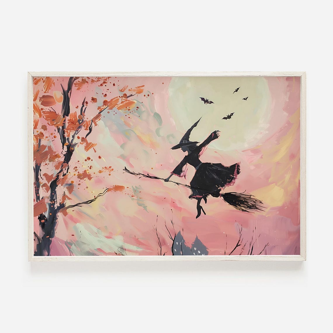 Witch Flying On Broomstick Pink Sunset Halloween Painting Art Poster